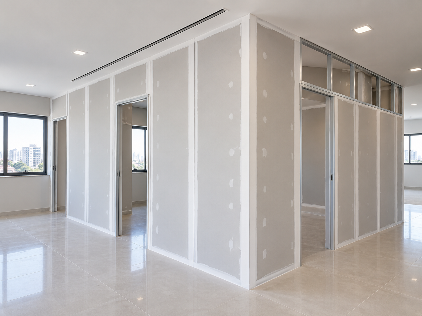 Divisoria de drywall instalada em ambiente comercial