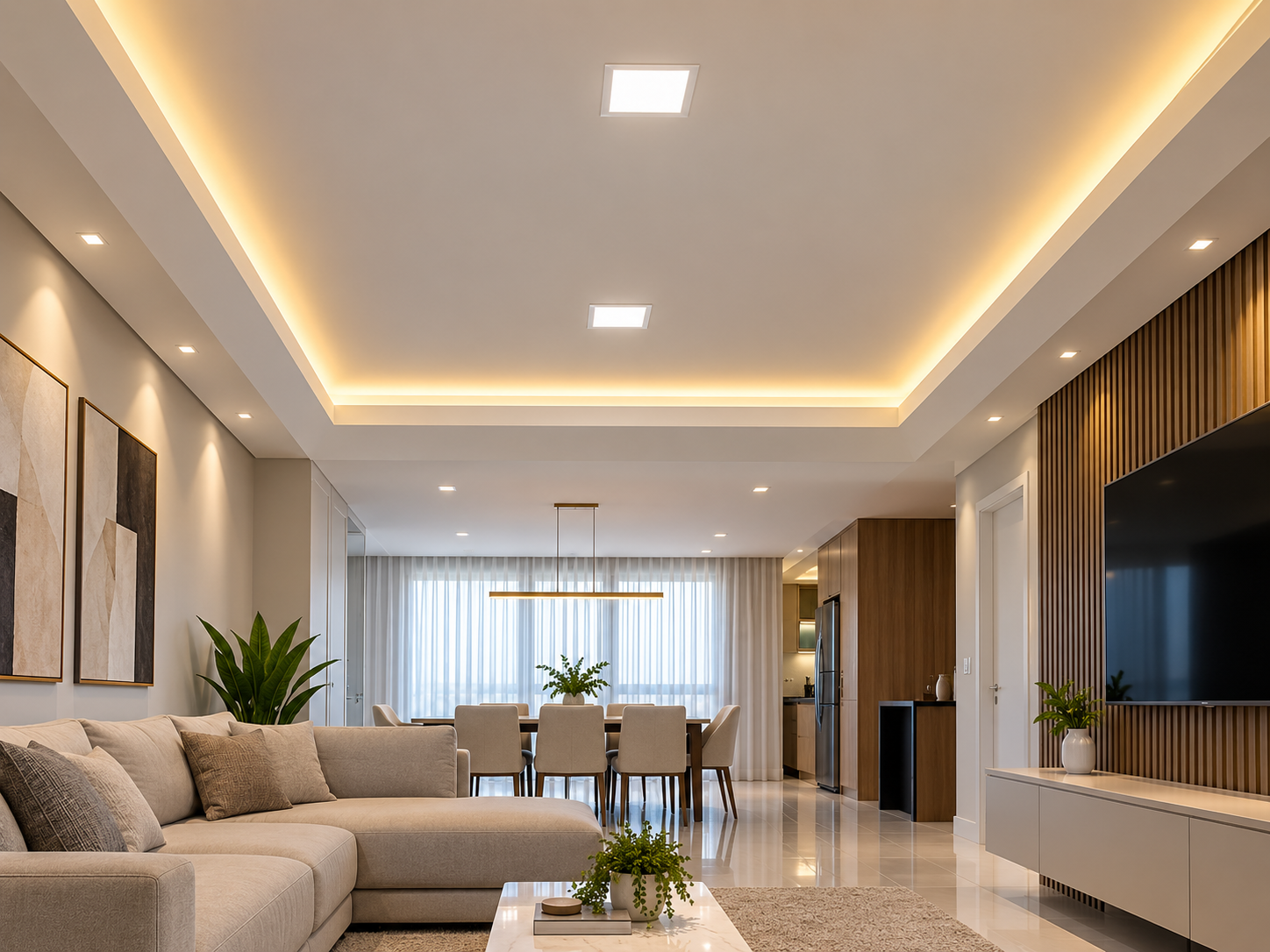Sanca de gesso com fita de LED em sala de estar entregue pela Perfect Gesso